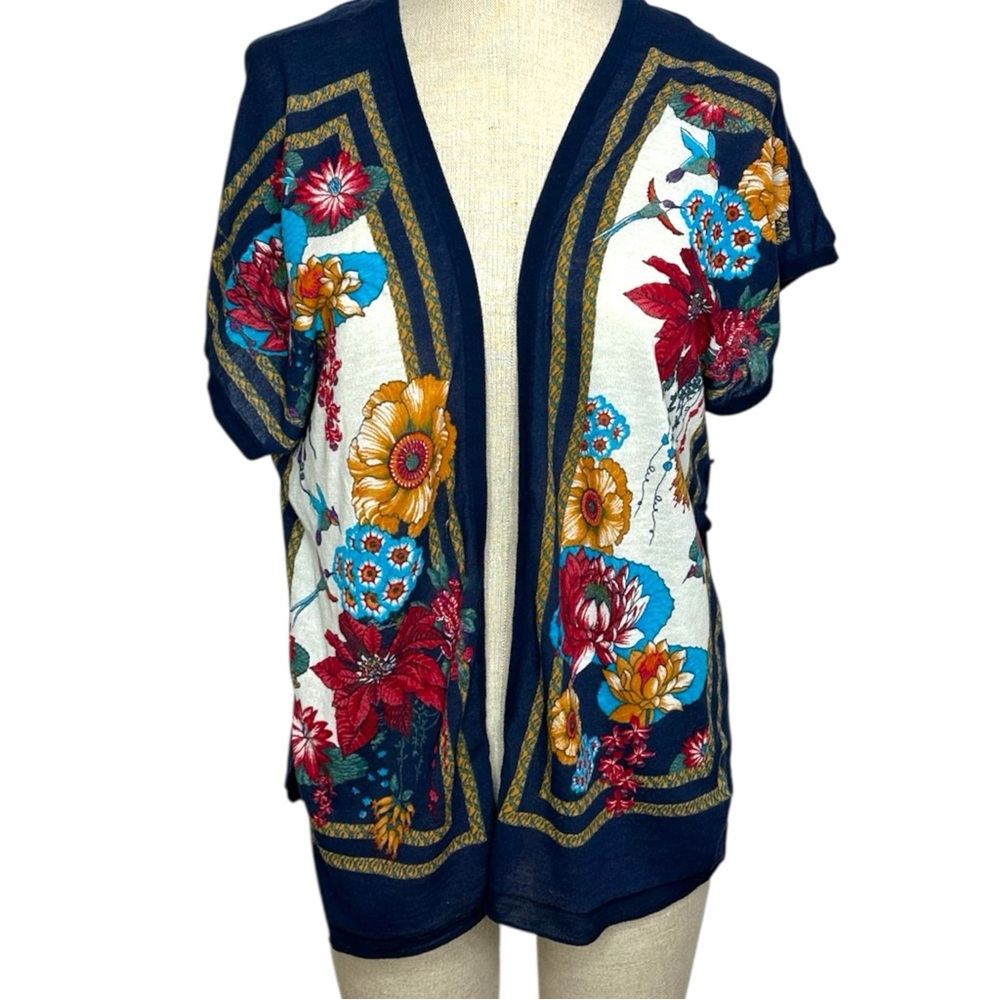 Moth for Anthropologie Navy Floral Boho Tie Scarf Print Kimono Top Size M/L
